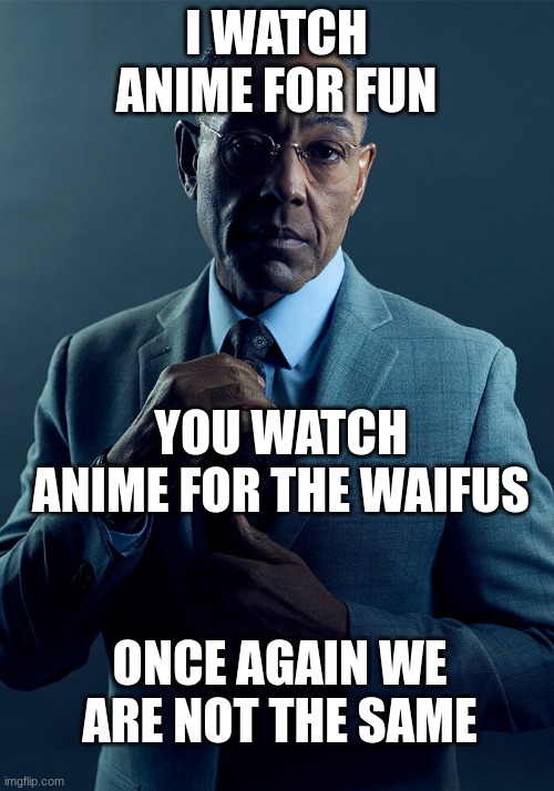 I SWEAR BRO I BE READY TO FLIP A TABLE | I WATCH ANIME FOR FUN; YOU WATCH ANIME FOR THE WAIFUS; ONCE AGAIN WE ARE NOT THE SAME | image tagged in gus fring we are not the same | made w/ Imgflip meme maker