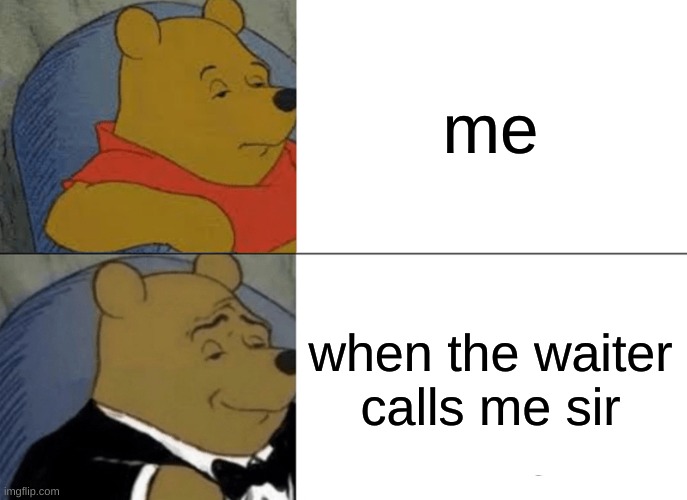 Tuxedo Winnie The Pooh Meme | me; when the waiter calls me sir | image tagged in memes,tuxedo winnie the pooh | made w/ Imgflip meme maker