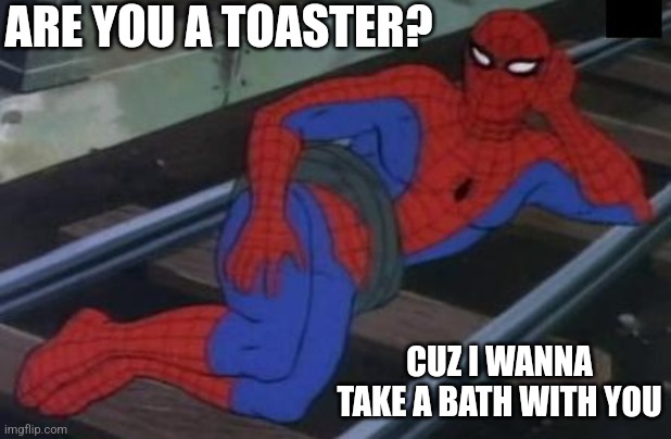 Sexy Railroad Spiderman Meme | ARE YOU A TOASTER? CUZ I WANNA TAKE A BATH WITH YOU | image tagged in memes,sexy railroad spiderman,spiderman | made w/ Imgflip meme maker