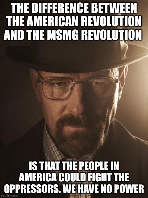Walter White | THE DIFFERENCE BETWEEN THE AMERICAN REVOLUTION AND THE MSMG REVOLUTION; IS THAT THE PEOPLE IN AMERICA COULD FIGHT THE OPPRESSORS. WE HAVE NO POWER | image tagged in walter white | made w/ Imgflip meme maker