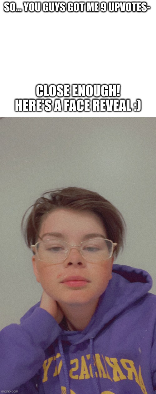 Face reveal! Mod note: (you look like you stopped loading while deciding which gender you wanted to be) | SO... YOU GUYS GOT ME 9 UPVOTES-; CLOSE ENOUGH! HERE'S A FACE REVEAL :) | image tagged in face reveal | made w/ Imgflip meme maker