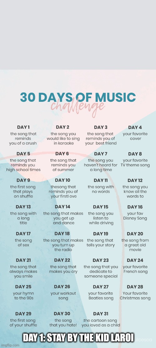 Music Challenge | DAY 1: STAY BY THE KID LAROI | image tagged in music challenge | made w/ Imgflip meme maker