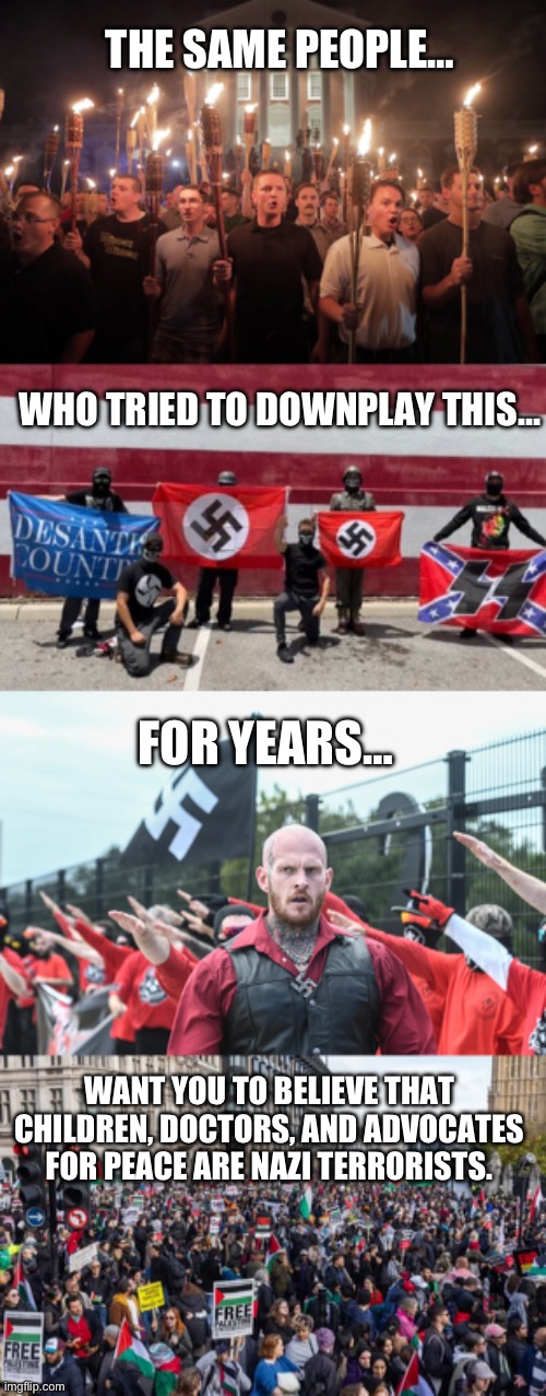 Why is the Right suddenly pretending to care about antisemitism now? | THE SAME PEOPLE…; WHO TRIED TO DOWNPLAY THIS…; FOR YEARS…; WANT YOU TO BELIEVE THAT CHILDREN, DOCTORS, AND ADVOCATES FOR PEACE ARE NAZI TERRORISTS. | image tagged in white supremacists in charlottesville,nazi,antisemitism,alt right,israel,palestine | made w/ Imgflip meme maker