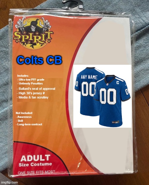 Spirit Halloween | Colts CB; Includes: 
- Ultra-low PFF grade
- Untimely Penalties; - Ballard's seal of approval
- High 30's jersey #
- Media & fan scrutiny; Not Included:
- Awareness
- Skill
- Long-term contract | image tagged in spirit halloween,Colts | made w/ Imgflip meme maker