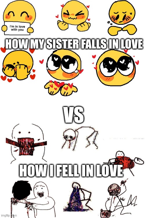 relatable lol | HOW MY SISTER FALLS IN LOVE; VS; HOW I FELL IN LOVE | image tagged in relatable,idk,unfunny | made w/ Imgflip meme maker