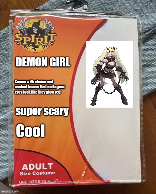 Spirit Halloween Costume | DEMON GIRL; Comes with chains and contact lenses that make your eyes look like they glow red; super scary; Cool | image tagged in spirit halloween costume | made w/ Imgflip meme maker