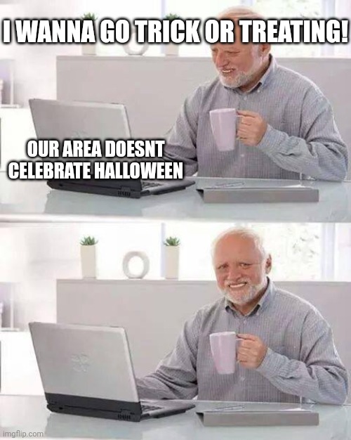 WHYYYYYYYYYYYYYYYYYYYYYYYYYYYYYYYYYYYYYYYYYYYYYYYYYYYYYYYYYYYYYYYYYYYYYYYYYYYYYYYYYYYYYYYYYYYYYYYYYYYY?!?!?!?!?!?!?!?!?!?!??!!?! | I WANNA GO TRICK OR TREATING! OUR AREA DOESNT CELEBRATE HALLOWEEN | image tagged in memes,hide the pain harold | made w/ Imgflip meme maker