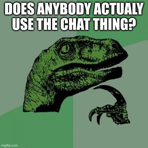 Philosoraptor | DOES ANYBODY ACTUALY USE THE CHAT THING? | image tagged in memes,philosoraptor | made w/ Imgflip meme maker