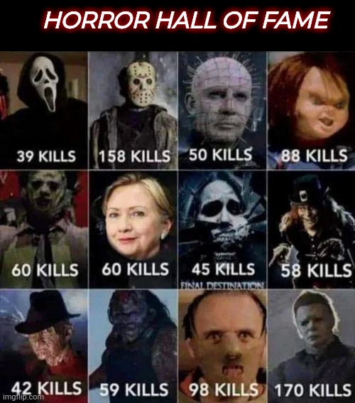 Ugly and Scary , every one | HORROR HALL OF FAME | image tagged in blank black,nightmares,freddy krueger,hannibal,ghostface,chucky | made w/ Imgflip meme maker