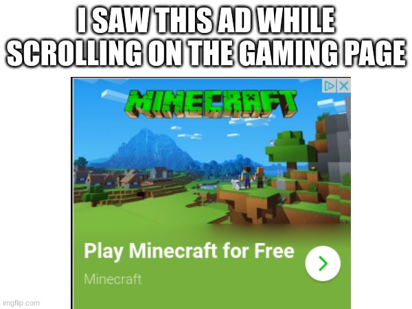 wow so real | I SAW THIS AD WHILE SCROLLING ON THE GAMING PAGE | image tagged in minecraft,ad,bad,sad,why imgflip,i dunno what to put for tags | made w/ Imgflip meme maker