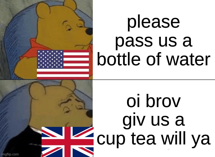 Tuxedo Winnie The Pooh Meme | please pass us a bottle of water; oi brov giv us a cup tea will ya | image tagged in memes,tuxedo winnie the pooh,british,funny meme,viral | made w/ Imgflip meme maker