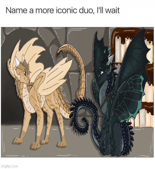I'll wait i got all the time in the world (art credit to PawsofFlre)(Jma note: great job paws of fire love the fanart) | image tagged in name a more iconic duo i'll wait,wof,wings of fire,jma approves | made w/ Imgflip meme maker
