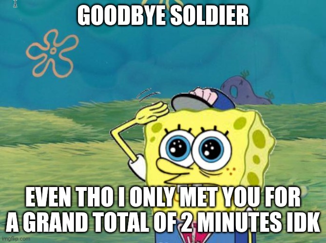 Spongebob salute | GOODBYE SOLDIER EVEN THO I ONLY MET YOU FOR A GRAND TOTAL OF 2 MINUTES IDK | image tagged in spongebob salute | made w/ Imgflip meme maker
