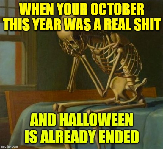 bye halloween... | WHEN YOUR OCTOBER THIS YEAR WAS A REAL SHIT; AND HALLOWEEN IS ALREADY ENDED | image tagged in sad skeleton | made w/ Imgflip meme maker