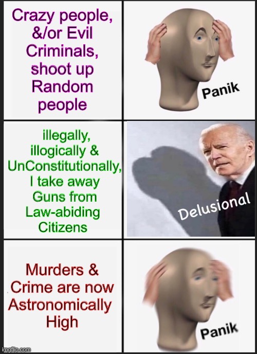 The beginning of The End | Crazy people,
&/or Evil
Criminals,
shoot up
Random
people; illegally,
illogically &
UnConstitutionally,
I take away
Guns from
Law-abiding 
Citizens; Delusional; Murders &
Crime are now
Astronomically 
High | image tagged in memes,panik kalm panik,stupid leftists dont understand,because theyre stupid,leftists n fjb voters kissmyass | made w/ Imgflip meme maker