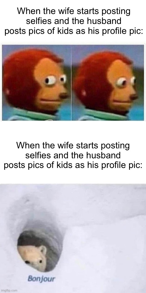 2 types of guys | When the wife starts posting selfies and the husband posts pics of kids as his profile pic:; When the wife starts posting selfies and the husband posts pics of kids as his profile pic: | image tagged in memes,monkey puppet,bonjour,guys | made w/ Imgflip meme maker