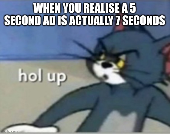 Hol up | WHEN YOU REALISE A 5 SECOND AD IS ACTUALLY 7 SECONDS | image tagged in hol up,ads,ad | made w/ Imgflip meme maker