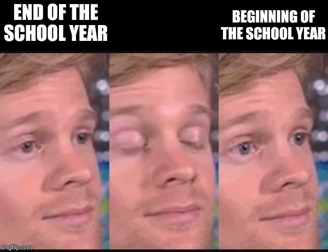 Blinking guy | BEGINNING OF THE SCHOOL YEAR; END OF THE SCHOOL YEAR | image tagged in blinking guy | made w/ Imgflip meme maker