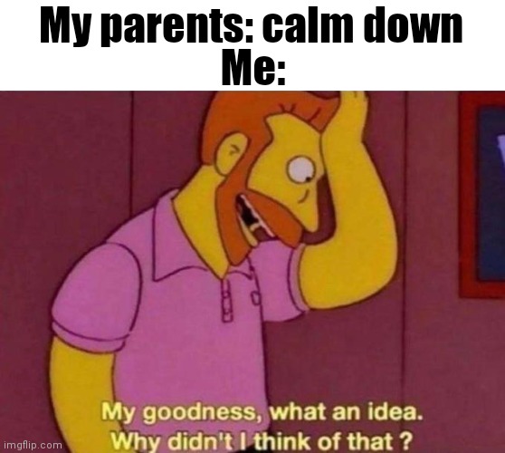 "Wow, just what I needed!" | Me:; My parents: calm down | image tagged in my goodness what an idea why didn't i think of that | made w/ Imgflip meme maker