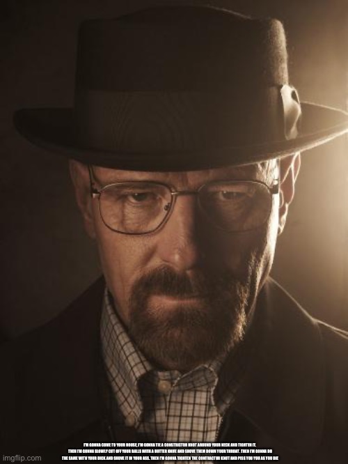 Walter White | I’M GONNA COME TO YOUR HOUSE, I’M GONNA TIE A CONSTRICTOR KNOT AROUND YOUR NECK AND TIGHTEN IT. THEN I’M GONNA SLOWLY CUT OFF YOUR BALLS WITH A BUTTER KNIFE AND SHOVE THEM DOWN YOUR THROAT. THEN I’M GONNA DO THE SAME WITH YOUR DICK AND SHOVE IT IN YOUR ASS. THEN I’M GONNA TIGHTEN THE CONTRACTOR KNOT AND PISS YOU YOU AS YOU DIE | image tagged in walter white | made w/ Imgflip meme maker