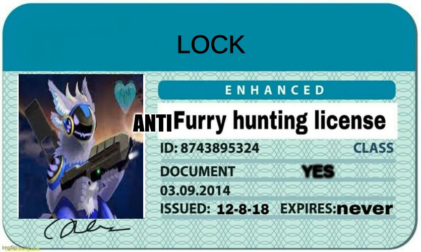 merp | LOCK; ANTI; YES | image tagged in furry hunting license | made w/ Imgflip meme maker