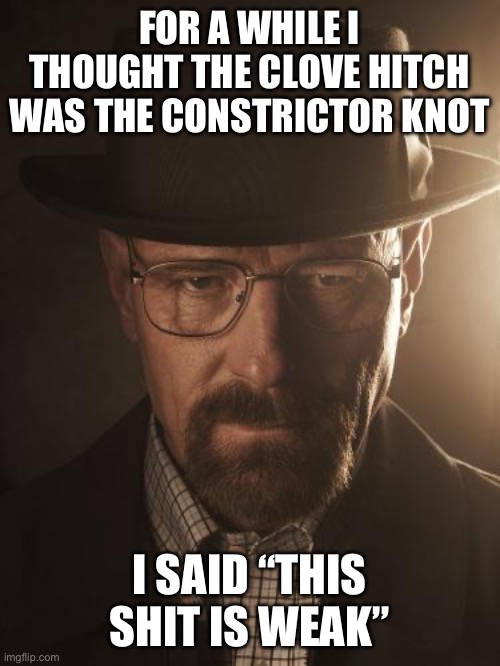 Walter White | FOR A WHILE I THOUGHT THE CLOVE HITCH WAS THE CONSTRICTOR KNOT; I SAID “THIS SHIT IS WEAK” | image tagged in walter white | made w/ Imgflip meme maker