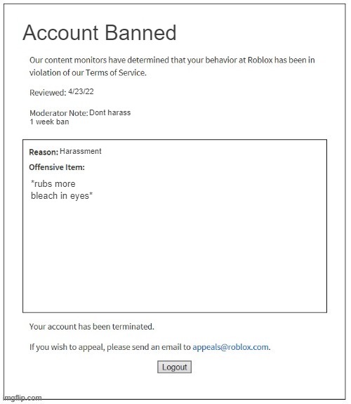 Moderation System | Account Banned; 4/23/22; Dont harass; 1 week ban; Harassment; *rubs more bleach in eyes* | image tagged in moderation system | made w/ Imgflip meme maker