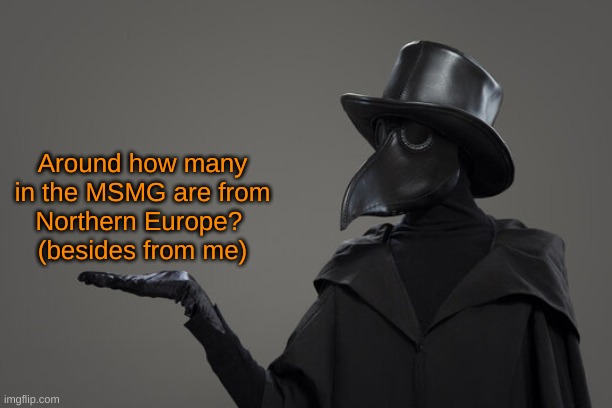plague doctor | Around how many
in the MSMG are from
Northern Europe? 
(besides from me) | image tagged in plague doctor | made w/ Imgflip meme maker