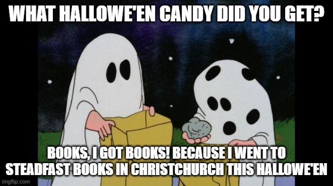 Charlie Brown Halloween Rock | WHAT HALLOWE'EN CANDY DID YOU GET? BOOKS, I GOT BOOKS! BECAUSE I WENT TO STEADFAST BOOKS IN CHRISTCHURCH THIS HALLOWE'EN | image tagged in charlie brown halloween rock | made w/ Imgflip meme maker