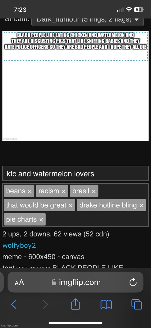 This was posted in the dark humor stream. This is not dark humor, it’s just blatant racism. The kid that posted it is also under | made w/ Imgflip meme maker