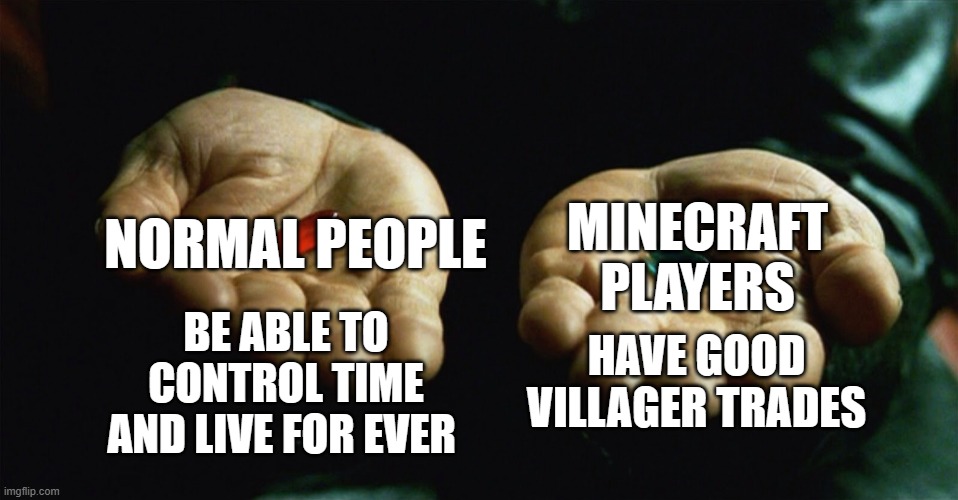 Red pill blue pill | NORMAL PEOPLE; MINECRAFT PLAYERS; BE ABLE TO CONTROL TIME AND LIVE FOR EVER; HAVE GOOD VILLAGER TRADES | image tagged in red pill blue pill | made w/ Imgflip meme maker