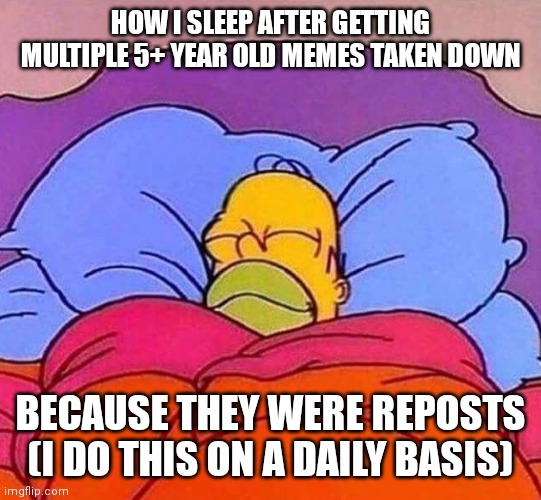 Not joking btw | HOW I SLEEP AFTER GETTING MULTIPLE 5+ YEAR OLD MEMES TAKEN DOWN; BECAUSE THEY WERE REPOSTS (I DO THIS ON A DAILY BASIS) | image tagged in homer simpson sleeping peacefully | made w/ Imgflip meme maker