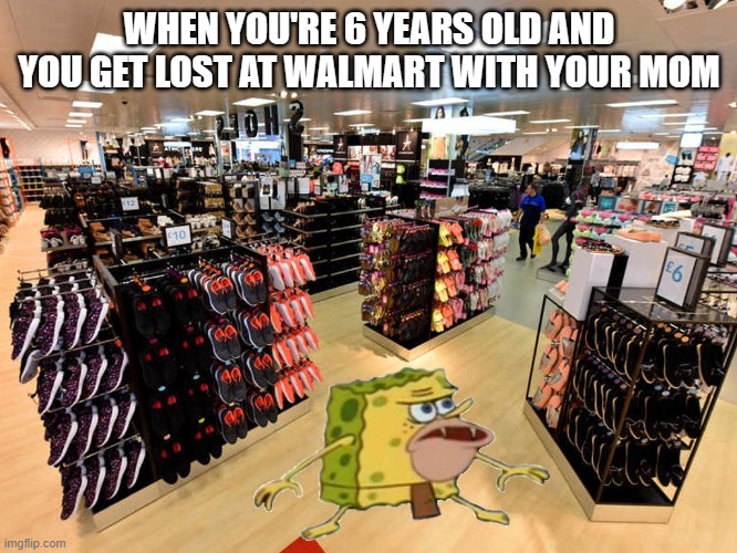 spongegar shopping | WHEN YOU'RE 6 YEARS OLD AND YOU GET LOST AT WALMART WITH YOUR MOM | image tagged in spongegar shopping | made w/ Imgflip meme maker