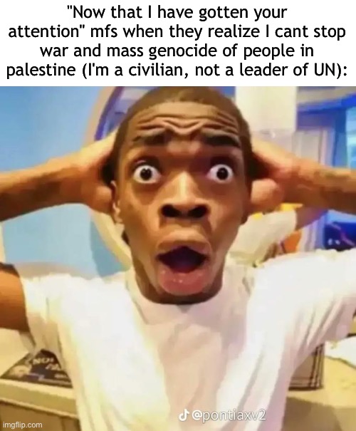 its literally just clout chasing and unnecessary panic | "Now that I have gotten your attention" mfs when they realize I cant stop war and mass genocide of people in palestine (I'm a civilian, not a leader of UN): | image tagged in shocked black guy | made w/ Imgflip meme maker