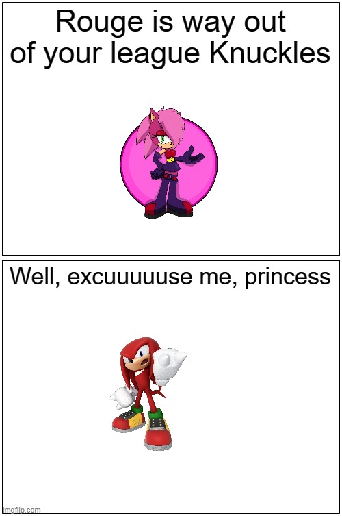 Blank Comic Panel 1x2 | Rouge is way out of your league Knuckles; Well, excuuuuuse me, princess | image tagged in memes,blank comic panel 1x2 | made w/ Imgflip meme maker