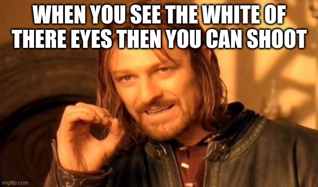 One Does Not Simply Meme | WHEN YOU SEE THE WHITE OF THERE EYES THEN YOU CAN SHOOT | image tagged in memes,one does not simply | made w/ Imgflip meme maker