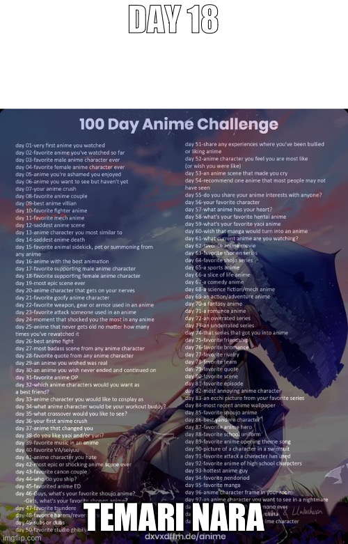 Day 18 | DAY 18; TEMARI NARA | image tagged in 100 day anime challenge,anime | made w/ Imgflip meme maker