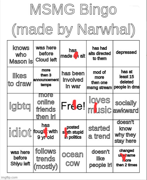 msmg bingo | image tagged in msmg bingo | made w/ Imgflip meme maker