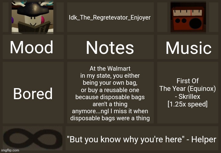Idk's Regretevator Template | At the Walmart in my state, you either being your own bag, or buy a reusable one because disposable bags aren't a thing anymore...ngl I miss it when disposable bags were a thing; First Of The Year (Equinox) - Skrillex [1.25x speed]; Bored | image tagged in idk's regretevator template,idk stuff s o u p carck | made w/ Imgflip meme maker