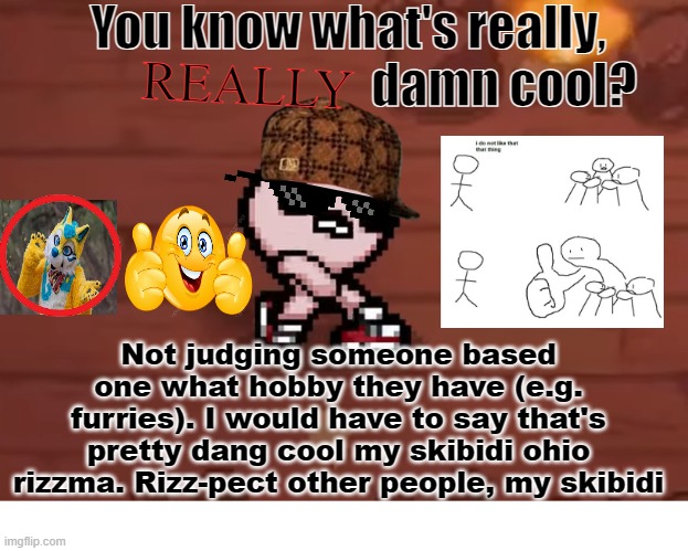 respect other people :D | You know what's really,
                                damn cool? REALLY; Not judging someone based one what hobby they have (e.g. furries). I would have to say that's pretty dang cool my skibidi ohio rizzma. Rizz-pect other people, my skibidi | image tagged in furry,respect | made w/ Imgflip meme maker