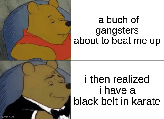 a black belt would be nice tho | a buch of gangsters about to beat me up; i then realized i have a black belt in karate | image tagged in memes,tuxedo winnie the pooh | made w/ Imgflip meme maker