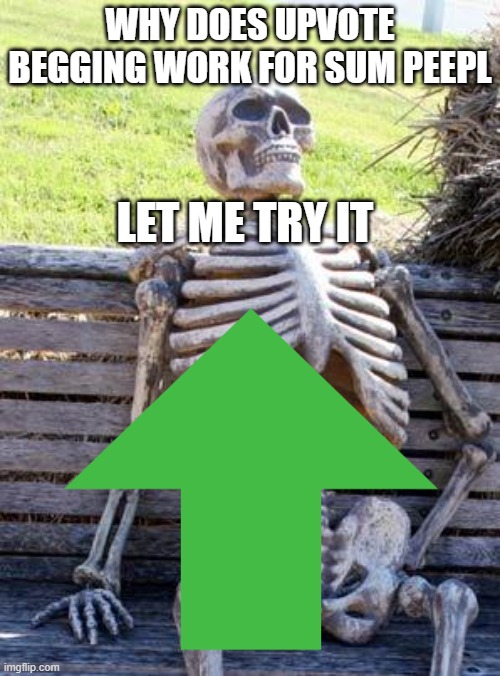 why do people thaqt upvote beg actually get it? | WHY DOES UPVOTE BEGGING WORK FOR SUM PEEPL; LET ME TRY IT | image tagged in memes,waiting skeleton | made w/ Imgflip meme maker