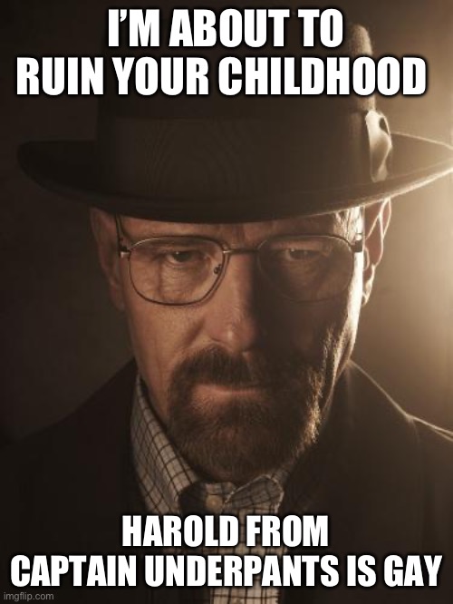 /srs | I’M ABOUT TO RUIN YOUR CHILDHOOD; HAROLD FROM CAPTAIN UNDERPANTS IS GAY | image tagged in walter white | made w/ Imgflip meme maker