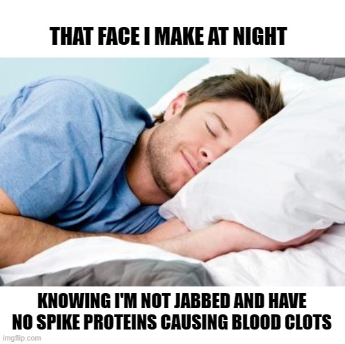 No Spike Proteins - Asleep | THAT FACE I MAKE AT NIGHT; KNOWING I'M NOT JABBED AND HAVE NO SPIKE PROTEINS CAUSING BLOOD CLOTS | image tagged in sleeping | made w/ Imgflip meme maker