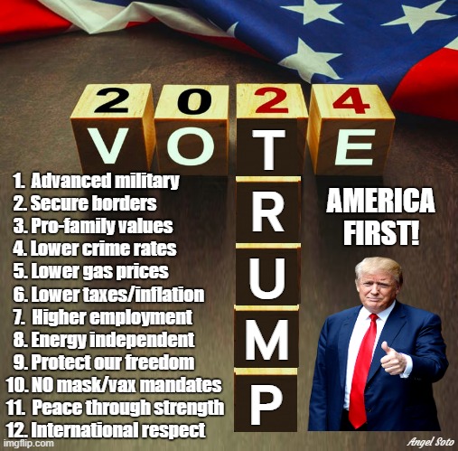2024 vote trump | 1.  Advanced military 
  2. Secure borders
  3. Pro-family values 
  4. Lower crime rates
  5. Lower gas prices
  6. Lower taxes/inflation
  7.  Higher employment
  8. Energy independent 
  9. Protect our freedom
10. NO mask/vax mandates
11.  Peace through strength
12. International respect; AMERICA FIRST! Angel Soto | image tagged in 2024 vote trump,donald trump,trump for president,elections,maga,america first | made w/ Imgflip meme maker