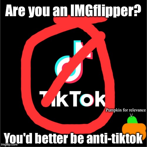 :) | Are you an IMGflipper? Pumpkin for relevance
          \/; You'd better be anti-tiktok | image tagged in tiktok logo,imgflip,anti,tiktok sucks,kys,tiktok | made w/ Imgflip meme maker