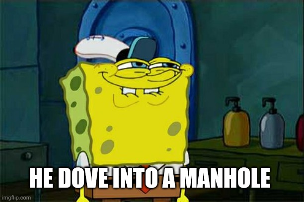 Don't You Squidward Meme | HE DOVE INTO A MANHOLE | image tagged in memes,don't you squidward | made w/ Imgflip meme maker