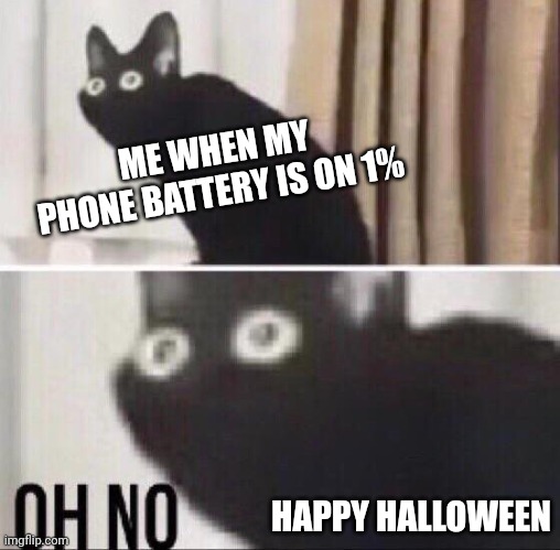 Oh no cat | ME WHEN MY PHONE BATTERY IS ON 1%; HAPPY HALLOWEEN | image tagged in oh no cat,phone battery,halloween | made w/ Imgflip meme maker