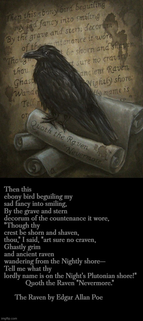 Then this ebony bird beguiling my sad fancy into smiling,
By the grave and stern decorum of the countenance it wore,
"Though thy crest be shorn and shaven, thou," I said, "art sure no craven,
Ghastly grim and ancient raven wandering from the Nightly shore—
Tell me what thy lordly name is on the Night's Plutonian shore!"
            Quoth the Raven "Nevermore."
              

      The Raven by Edgar Allan Poe | image tagged in edgar allan poe,poem,raven | made w/ Imgflip meme maker