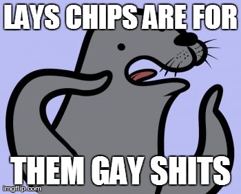 Homophobic Seal Meme | LAYS CHIPS ARE FOR THEM GAY SHITS | image tagged in memes,homophobic seal | made w/ Imgflip meme maker